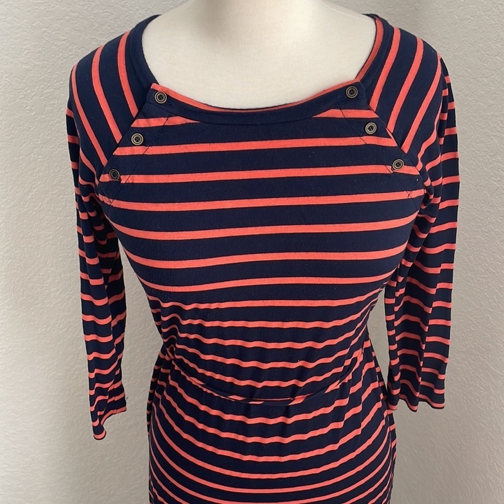 MOTHERHOOD maternity orange and navy blue midi dress with ties in size small - Picture 8 of 11